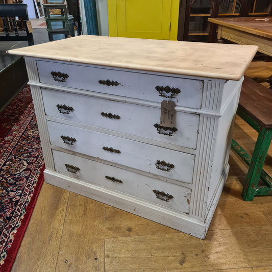 Old White Painted French Chest of Drawers with Pine Top
