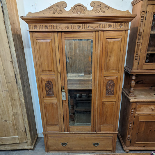 Shallow Carved Wardrobe with Large Drawer and Mirror